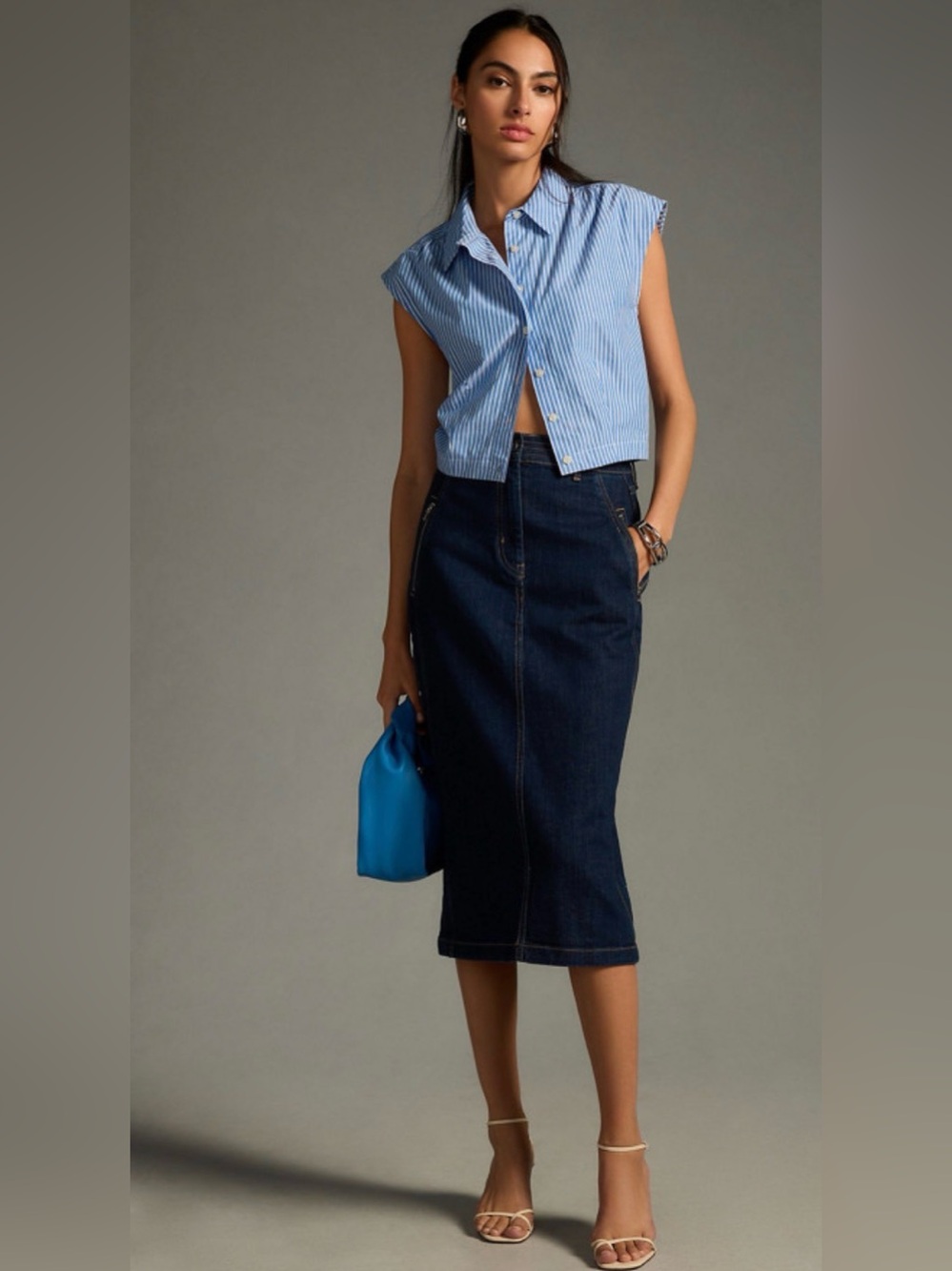 Pilcro Dark Blue Denim Midi Skirt - Women's Classic Pencil Skirt